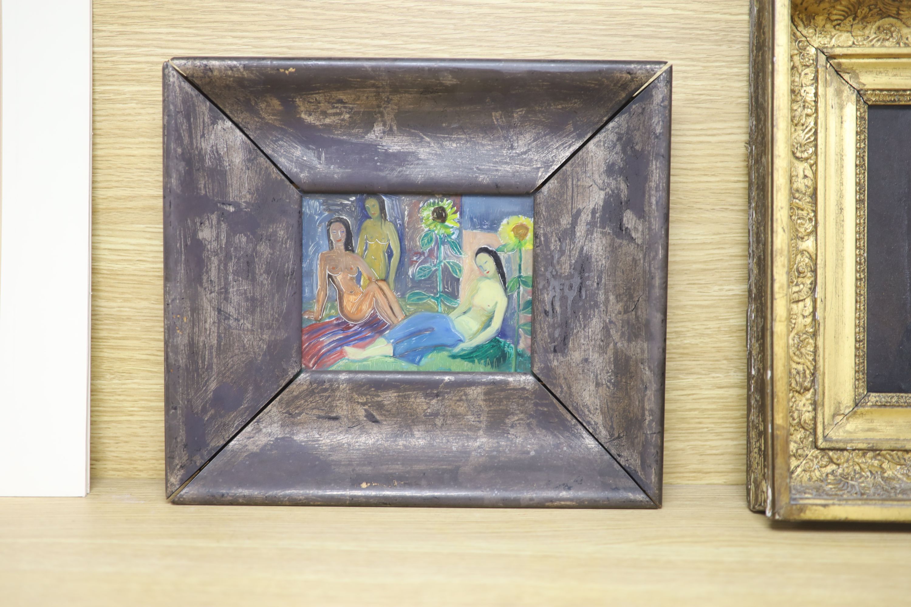 Modern British, reverse painting on glass, Nudes after Gauguin, 12 x 15cm